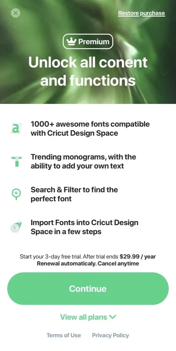 Cut Machine Fonts Space Studio paywall screen