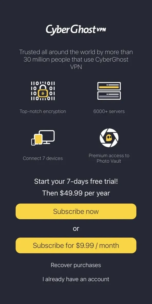 CyberGhost VPN paywall screen