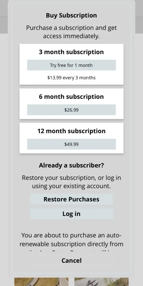 Cyclist paywall screen
