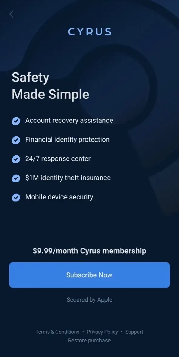 Cyrus Identity paywall screen