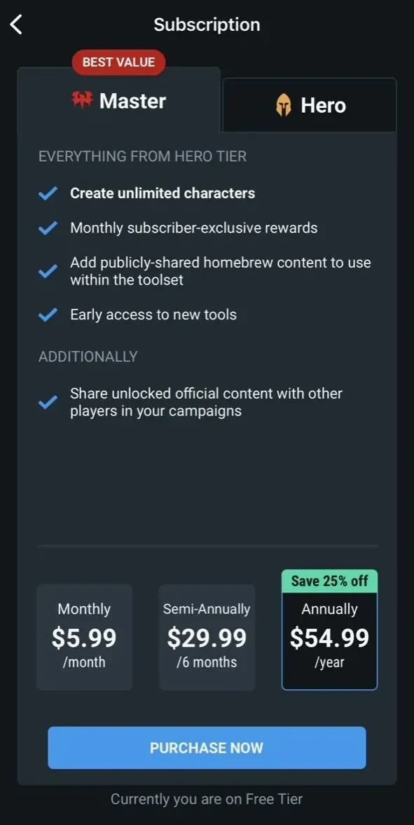 D&D Beyond paywall screen
