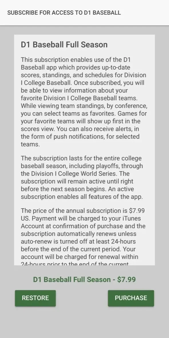 D1 Baseball paywall screen