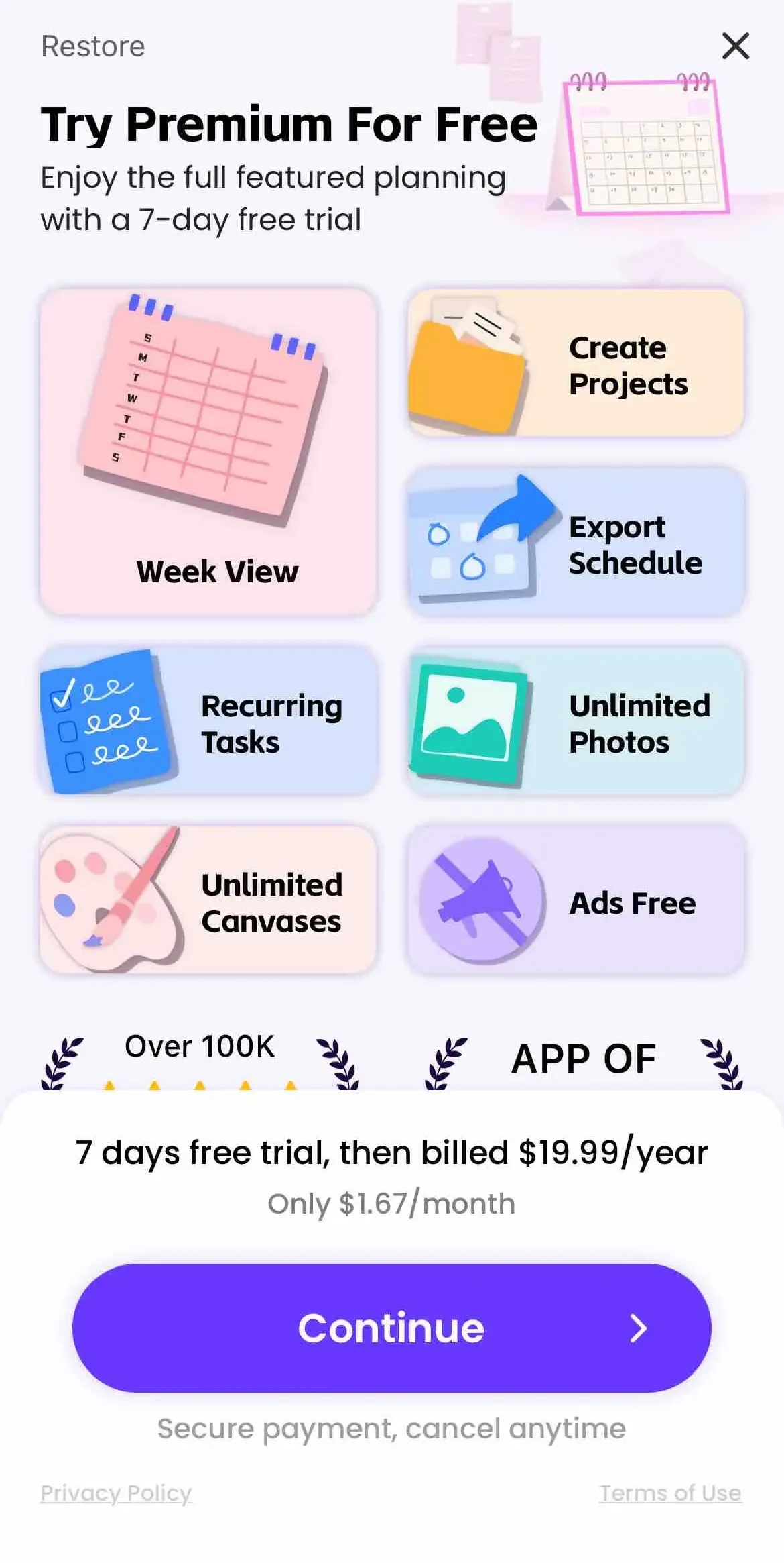 Planner Pro paywall screen