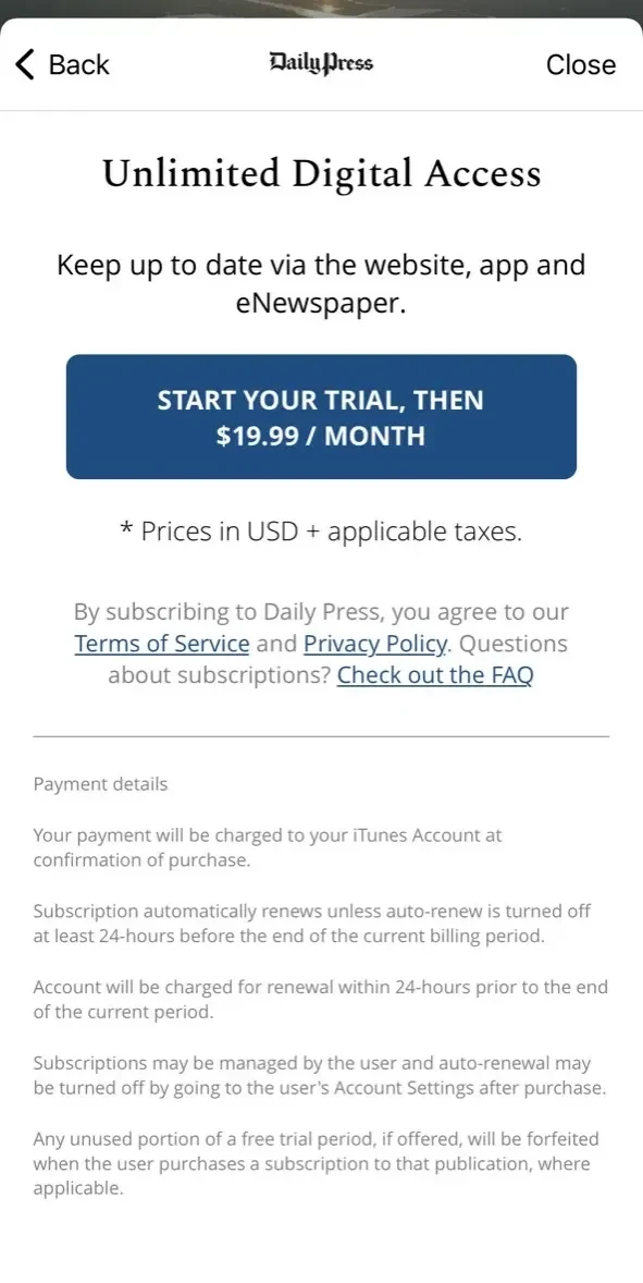 Daily Press paywall screen