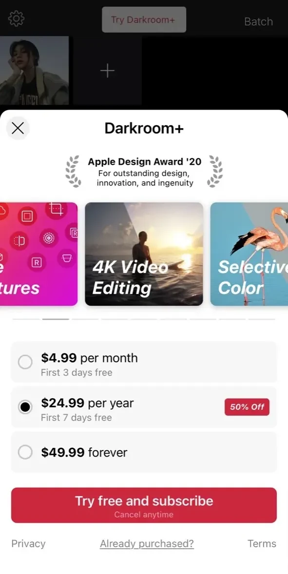 Darkroom paywall screen