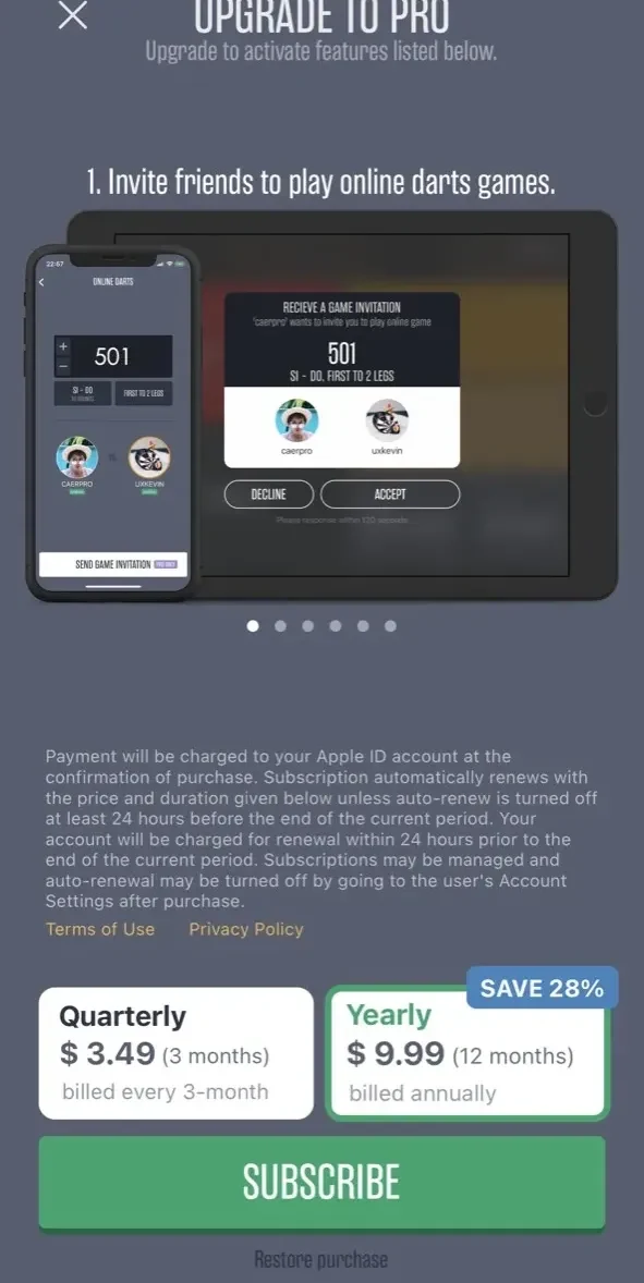Dartsmind paywall screen