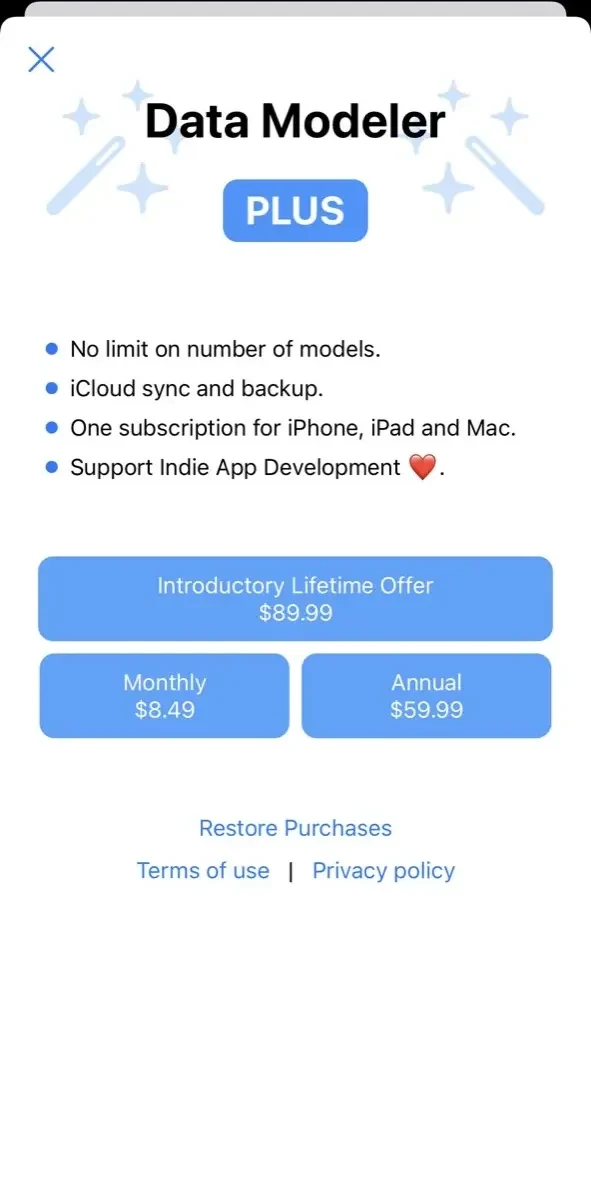 Data Modeler paywall screen