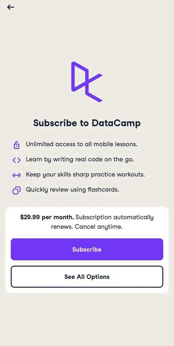 DataCamp paywall screen