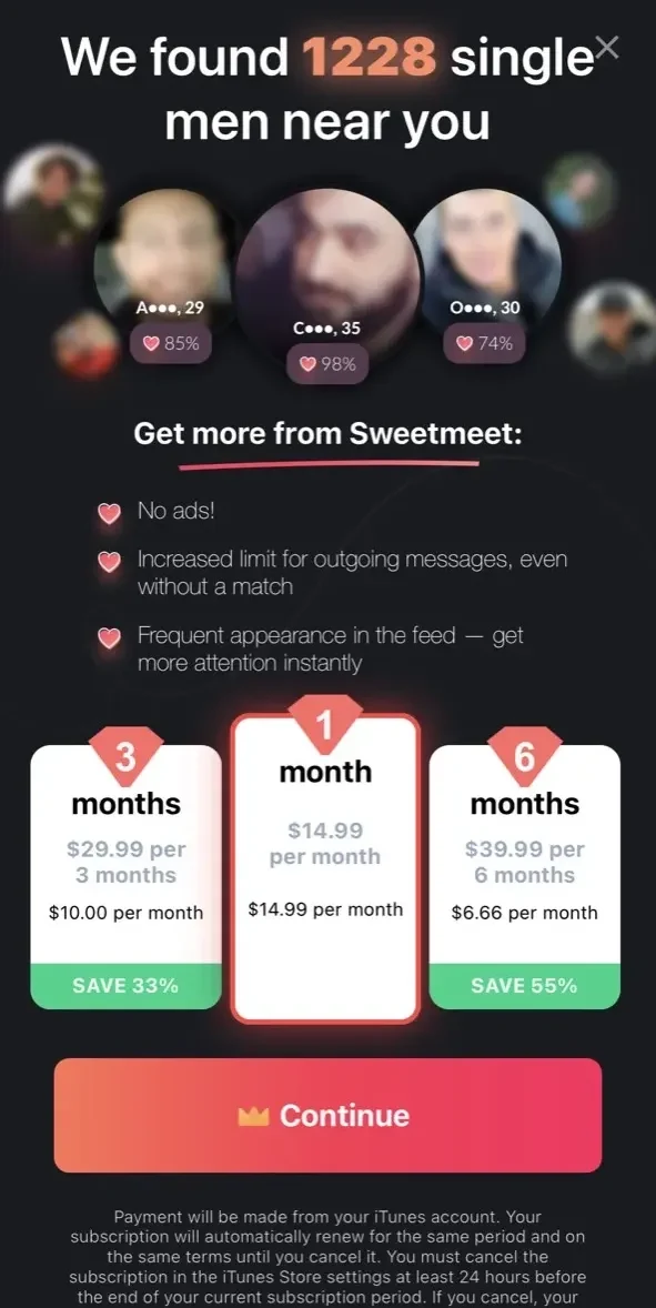 Dating and Chat paywall screen