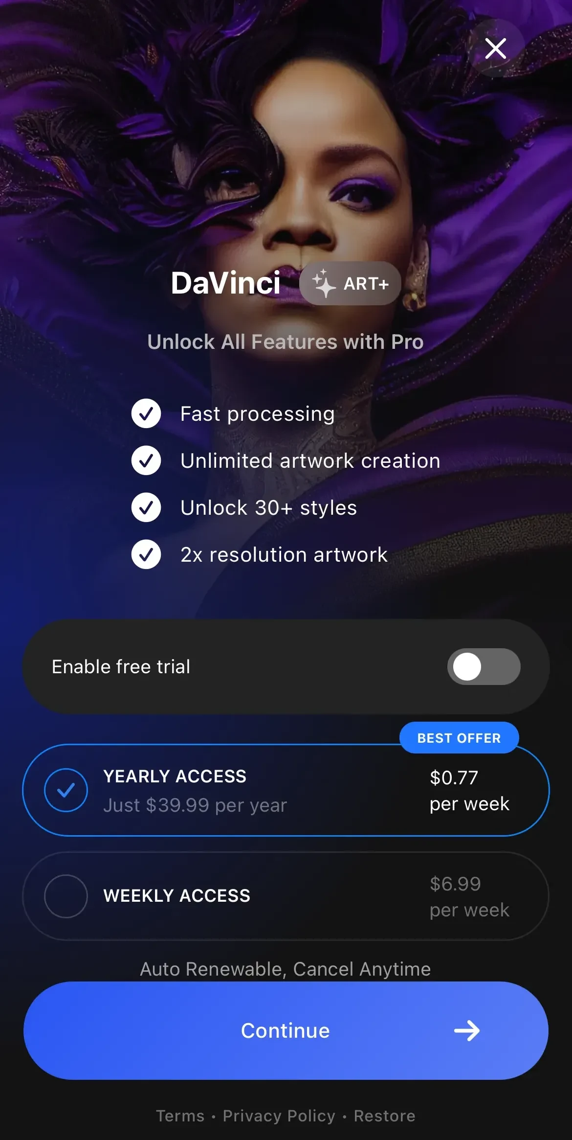DaVinci paywall screen