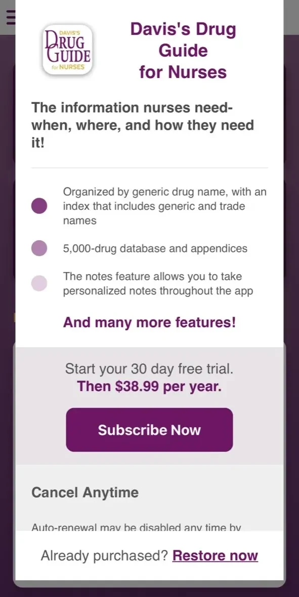 Davis Drug Guide For Nurses paywall screen