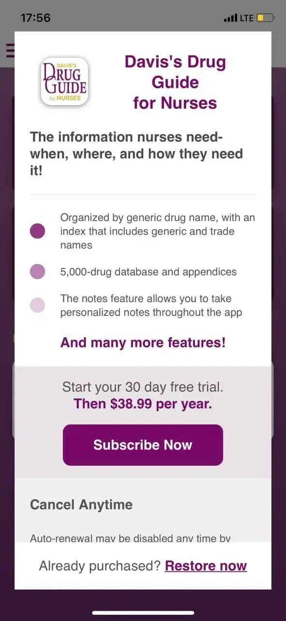 Davis’s Drug Guide paywall screen