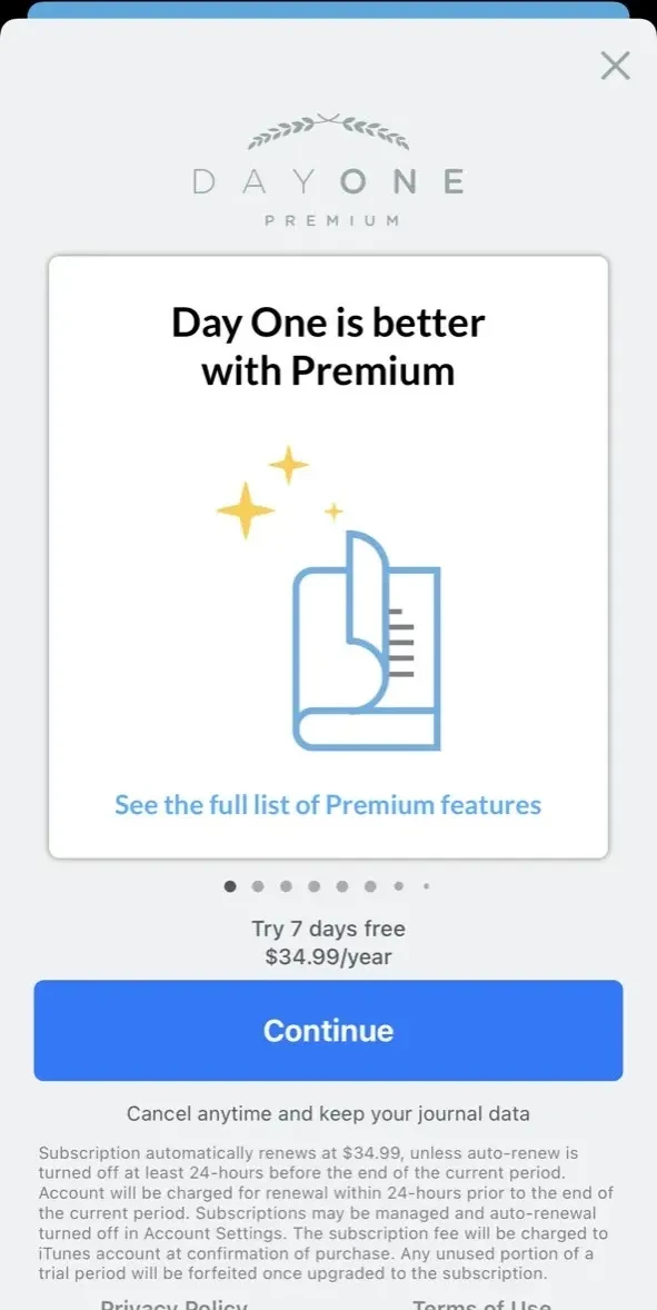 Day One Journal paywall screen