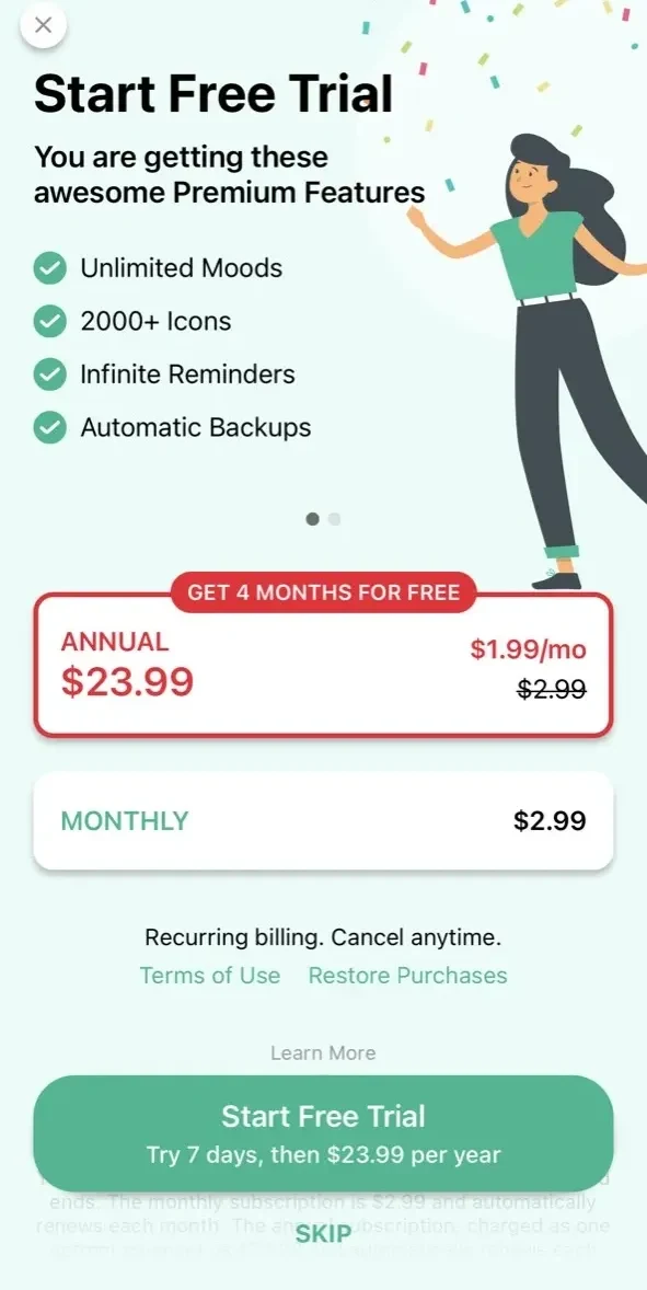 Daylio Journal paywall screen