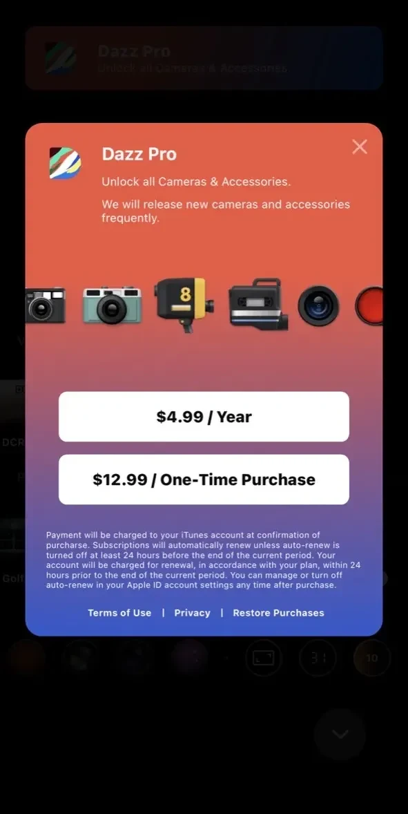 Dazz Cam paywall screen