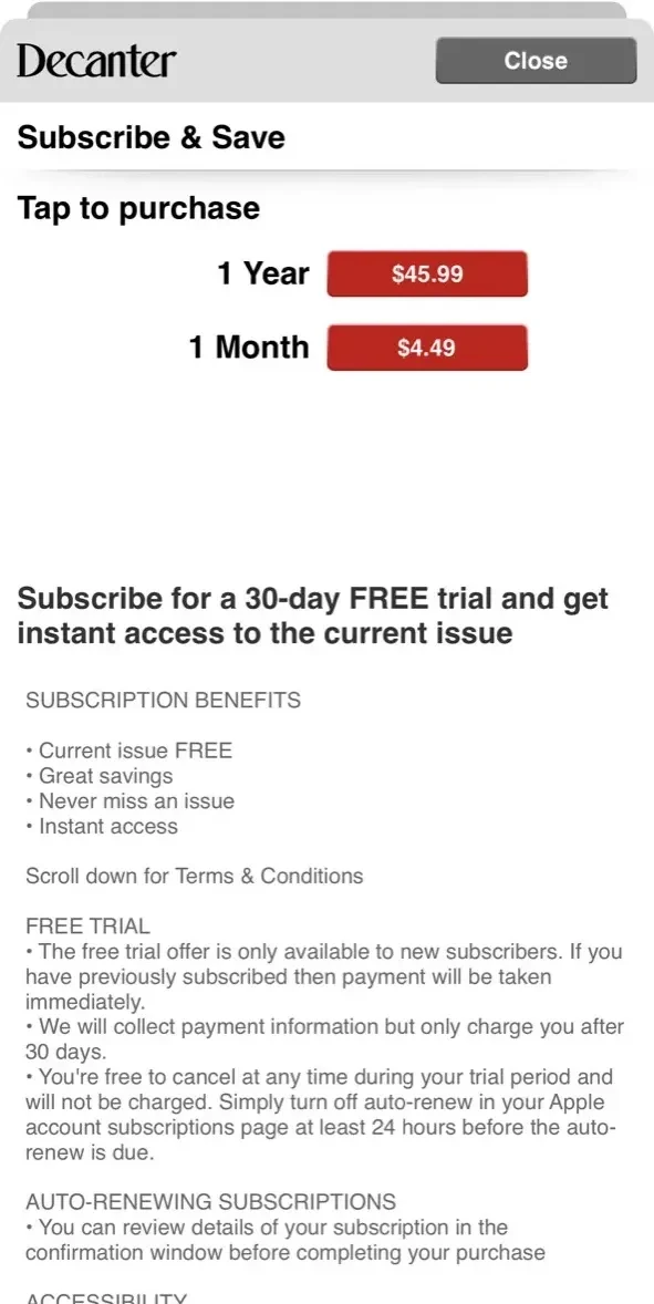 Decanter Magazine NA paywall screen