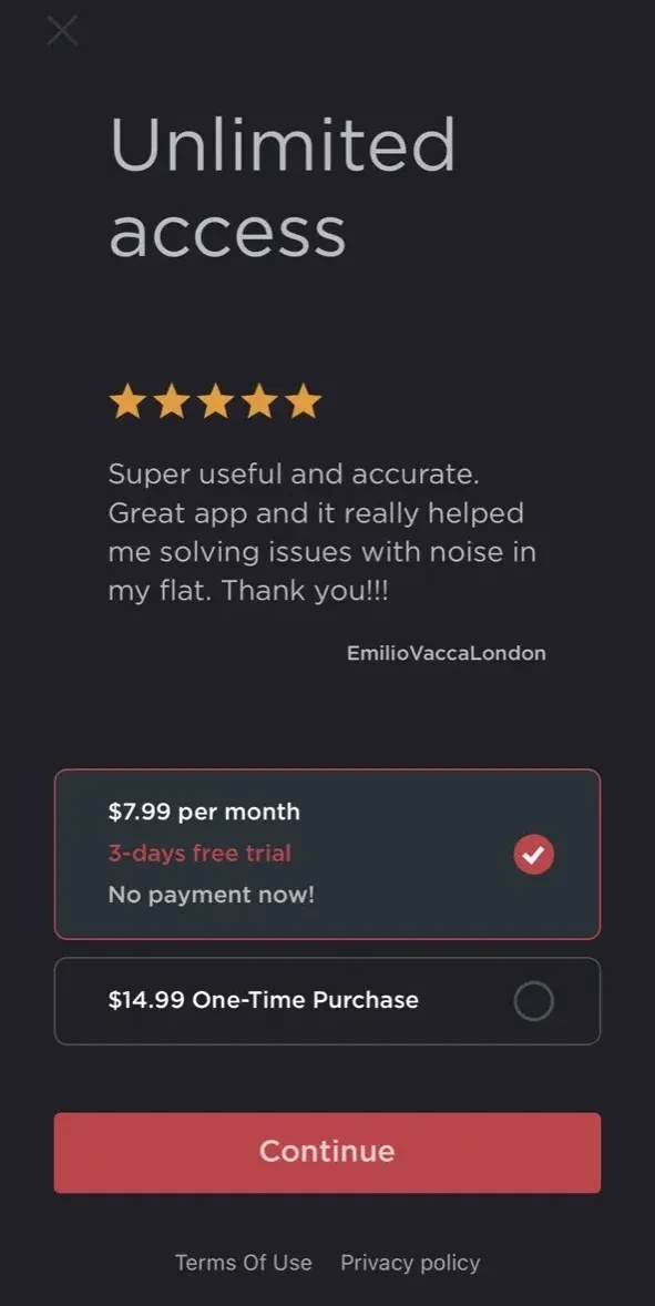 Decibel paywall screen