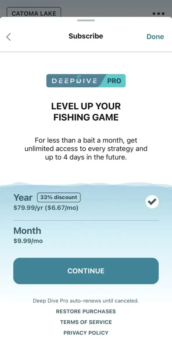 Fishing App paywall screen