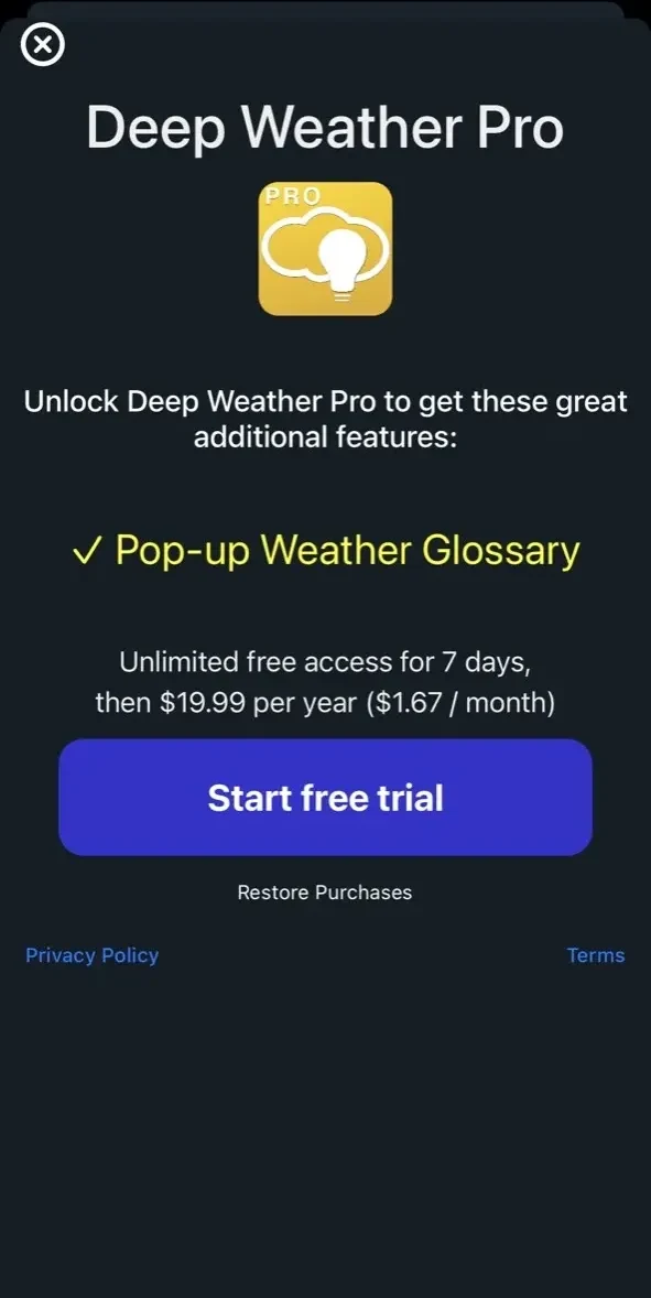NWS Weather paywall screen