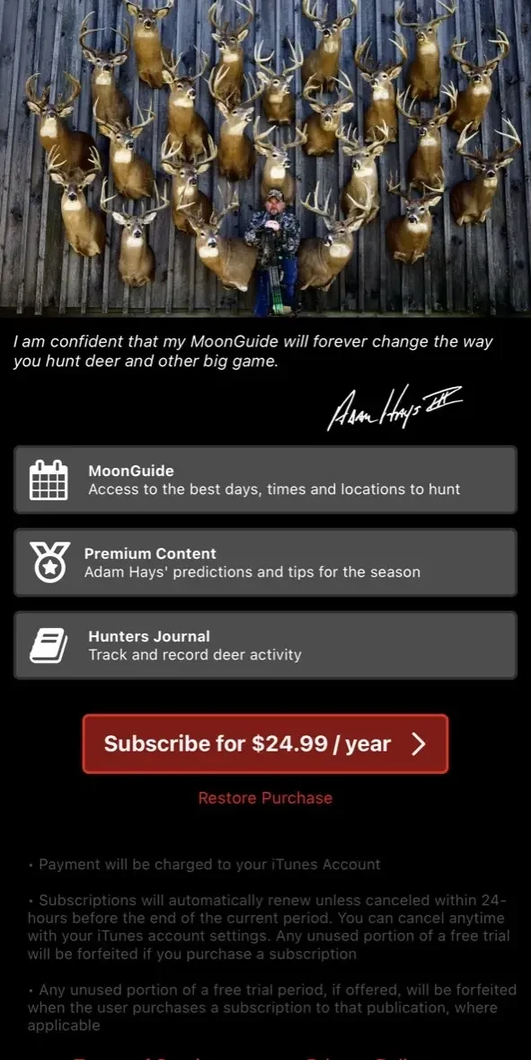 Deer Hunters MoonGuide 3.0 paywall screen