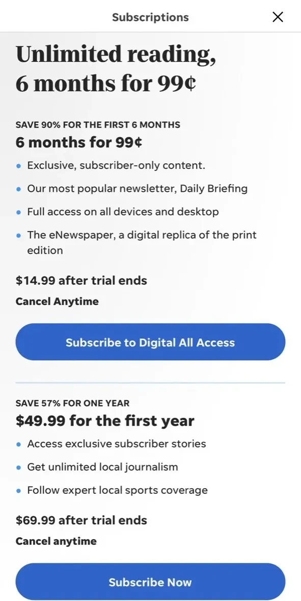 Delaware Online paywall screen