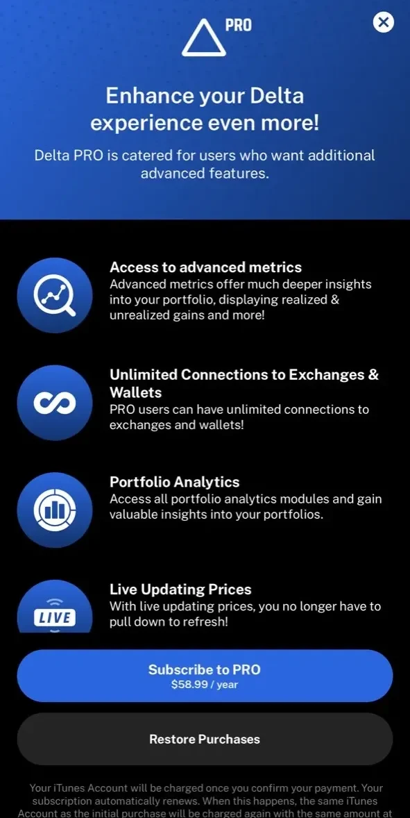 Delta Investment Tracker paywall screen