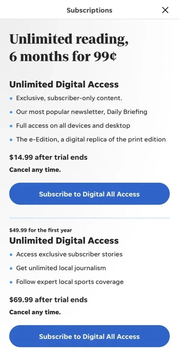 Democrat paywall screen