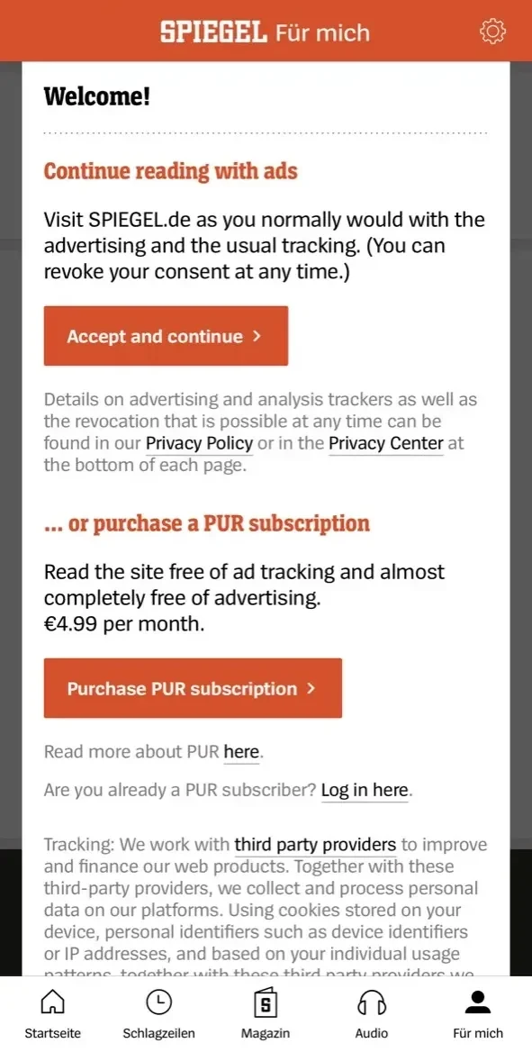 Der Spiegel paywall screen