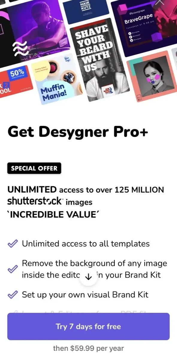 Desygner paywall screen
