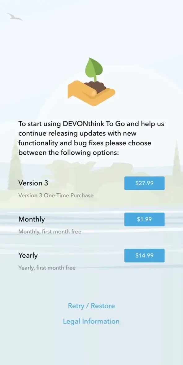 DEVONthink To Go 3 paywall screen