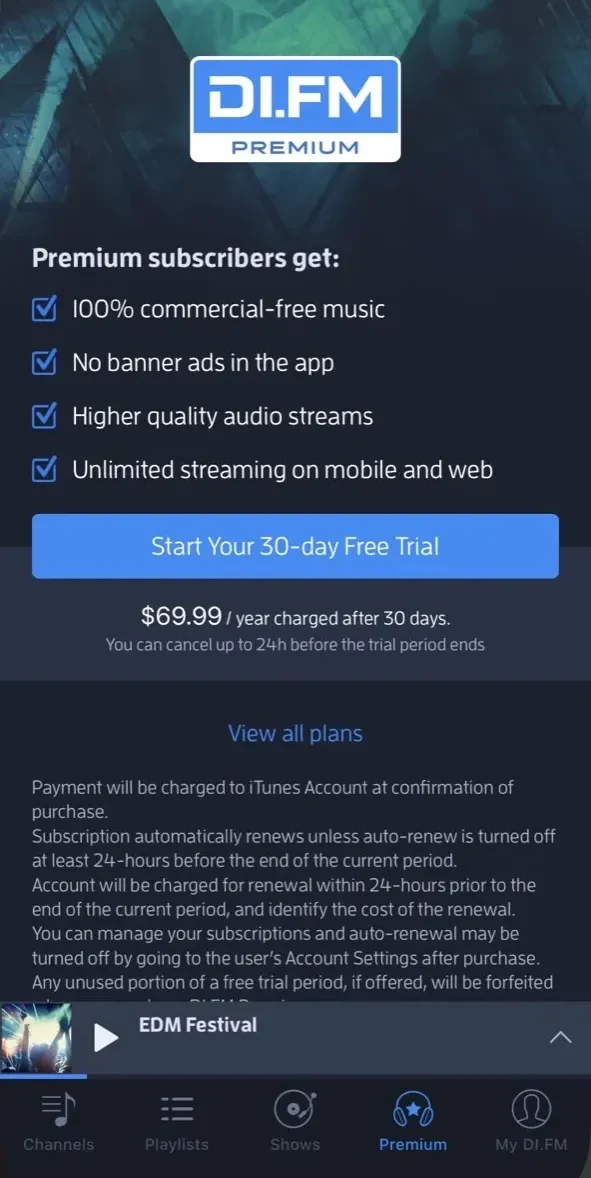 DI.FM paywall screen