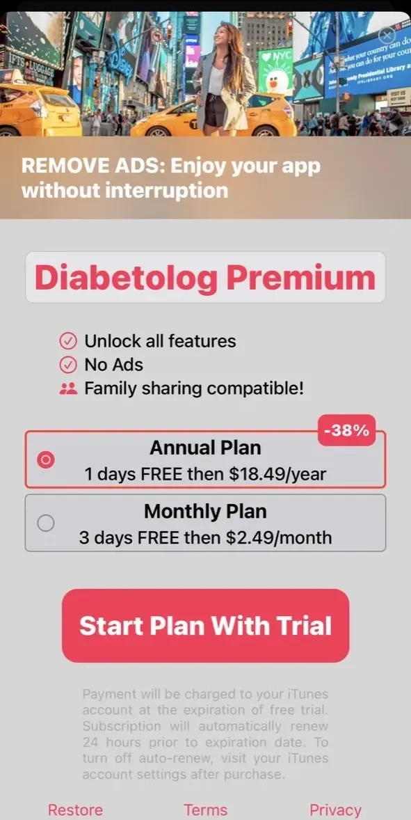 Diabetes App paywall screen