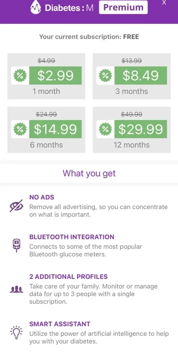 Diabetes paywall screen