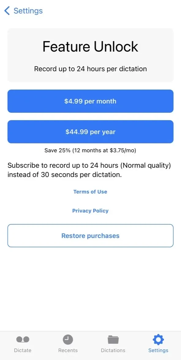 Dictate⁺ paywall screen