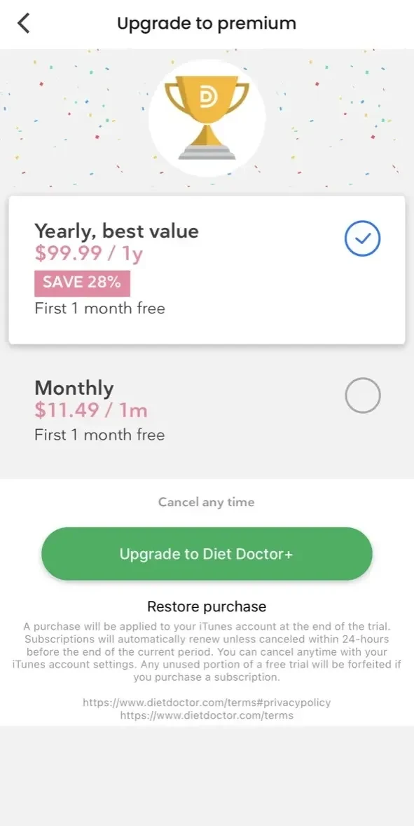 Diet Doctor paywall screen