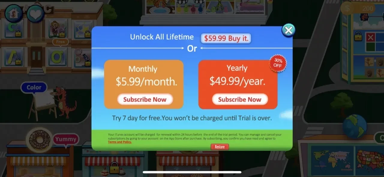 Dino Fun paywall screen