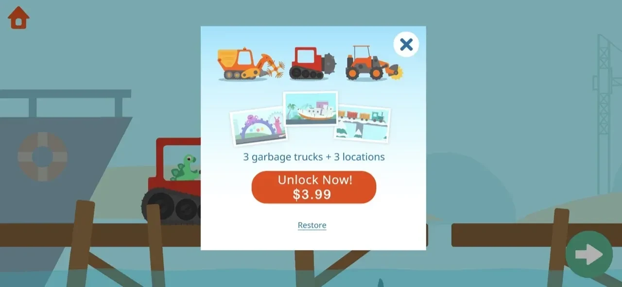 Dinosaur Garbage Truck Games paywall screen