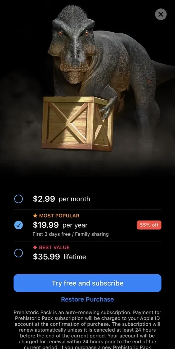 Dinosaur World paywall screen