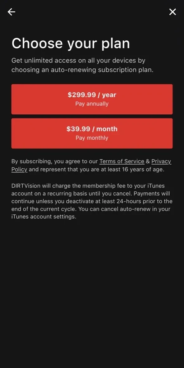 DIRTVision paywall screen