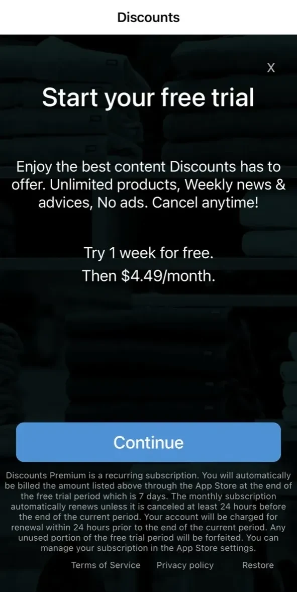 Discounts paywall screen