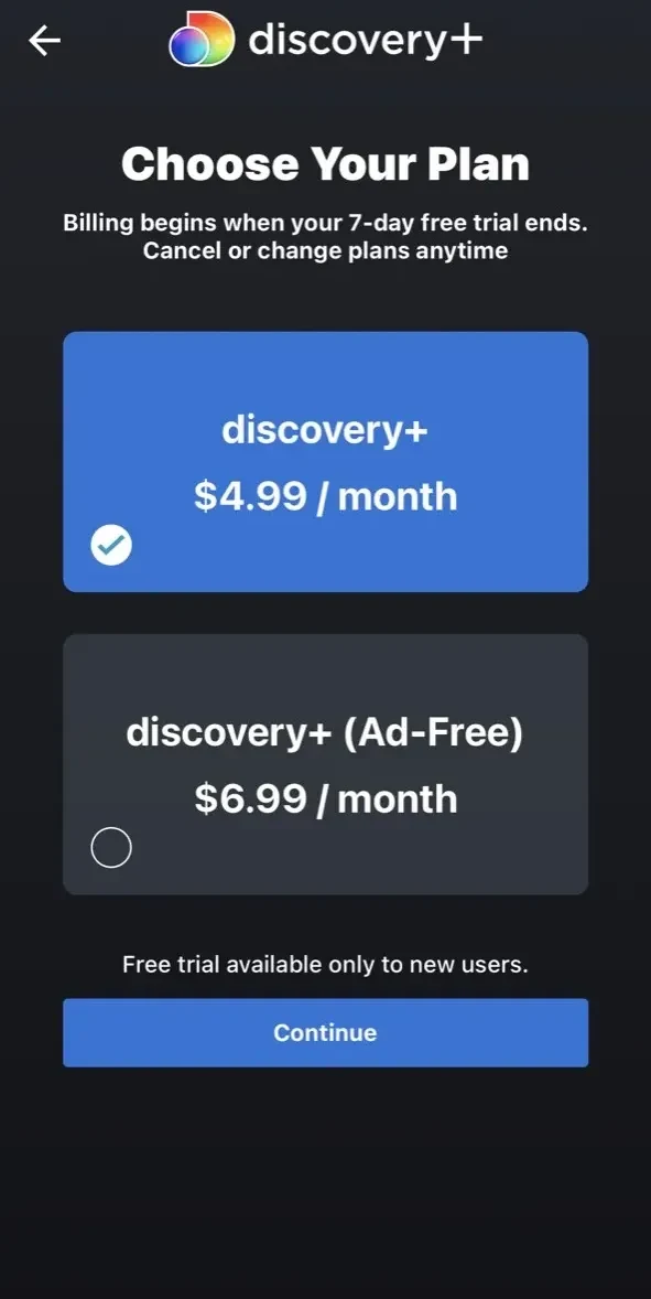 discovery+ paywall screen