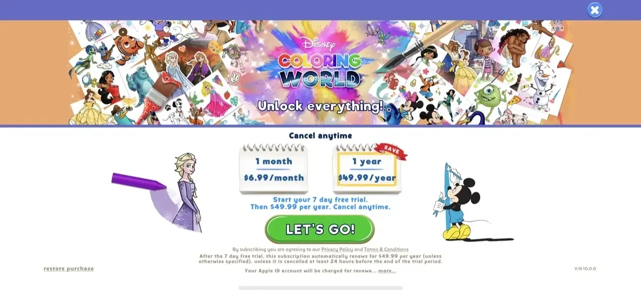 Disney Coloring World paywall screen
