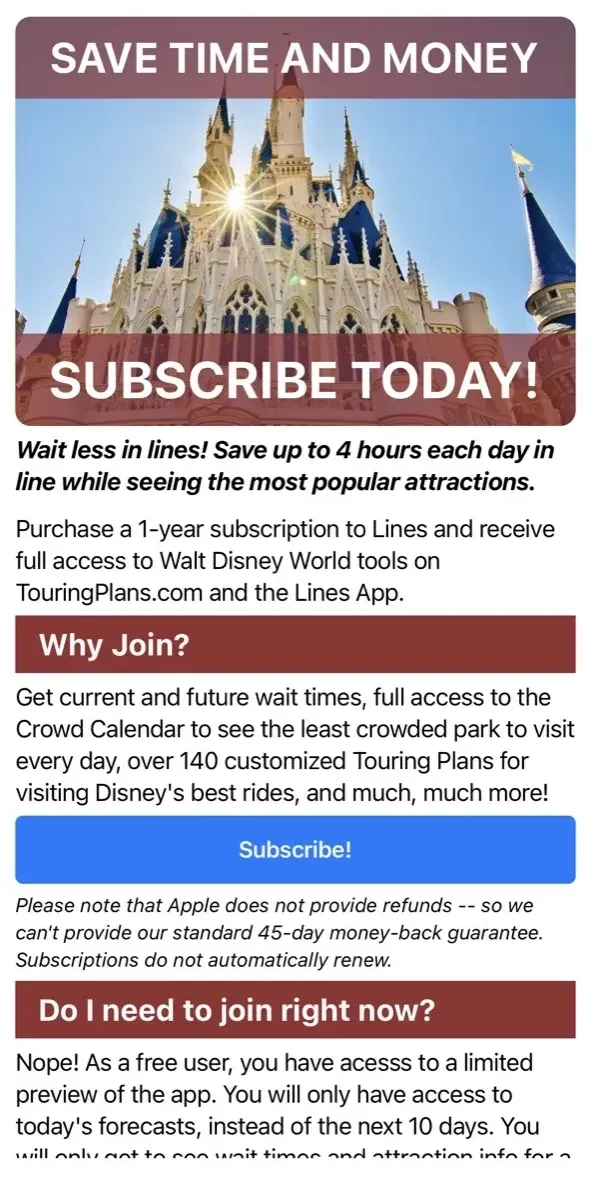 Disney World Lines paywall screen