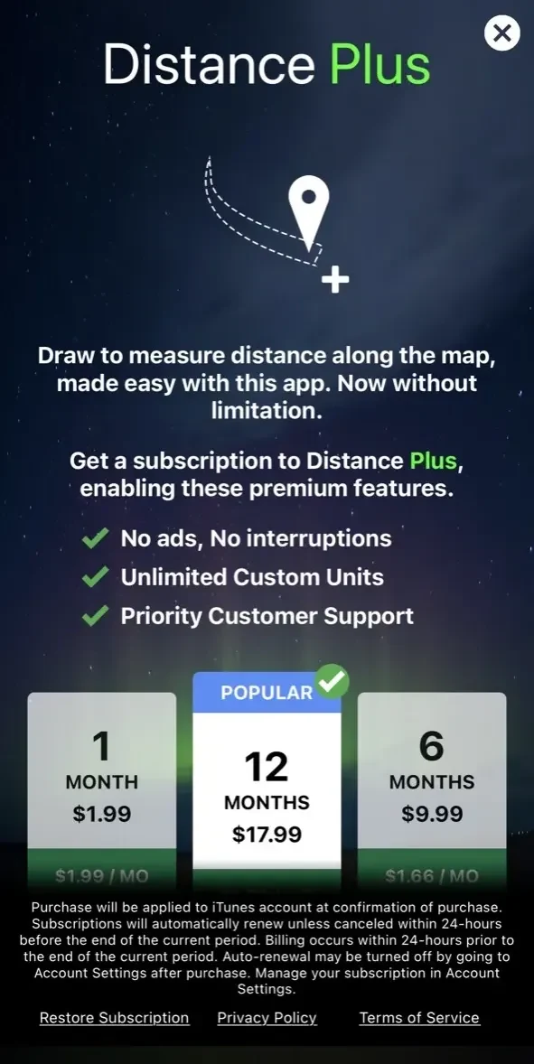 Distance paywall screen