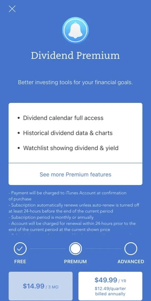 Dividend Alert paywall screen