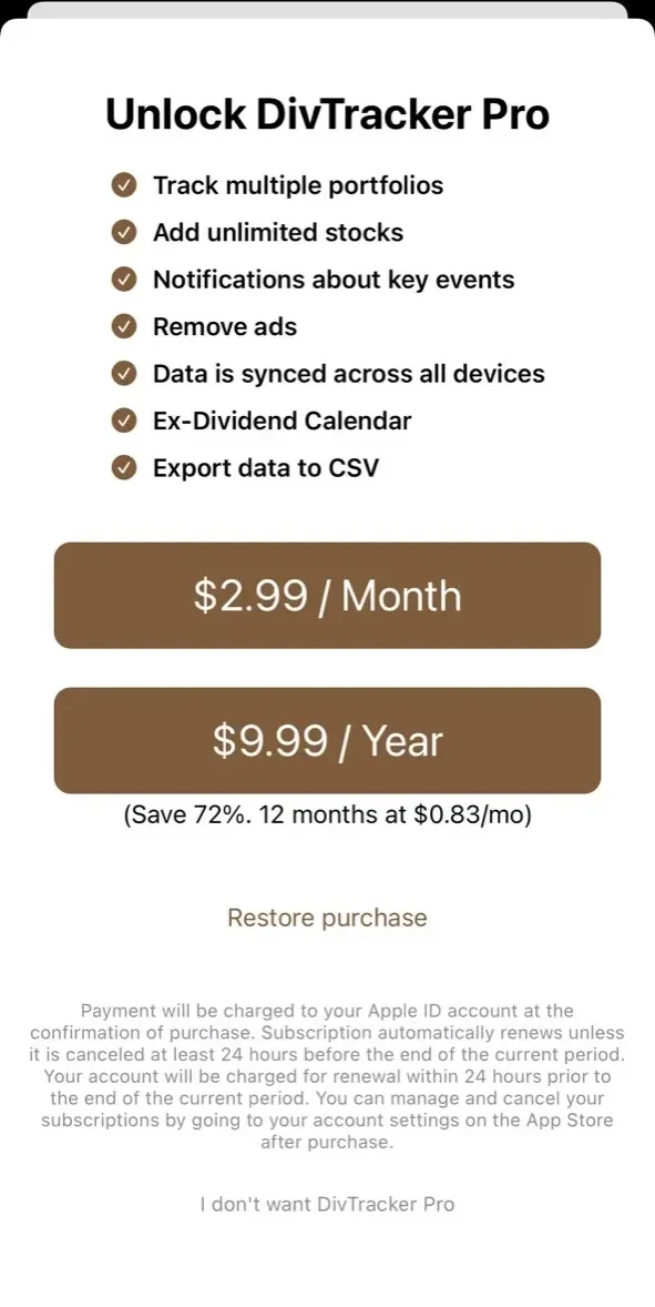 Dividend Tracker° paywall screen