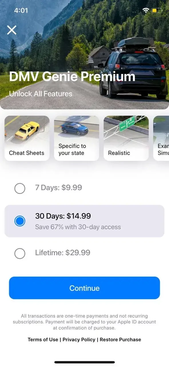 DMV Practice Test Genie paywall screen