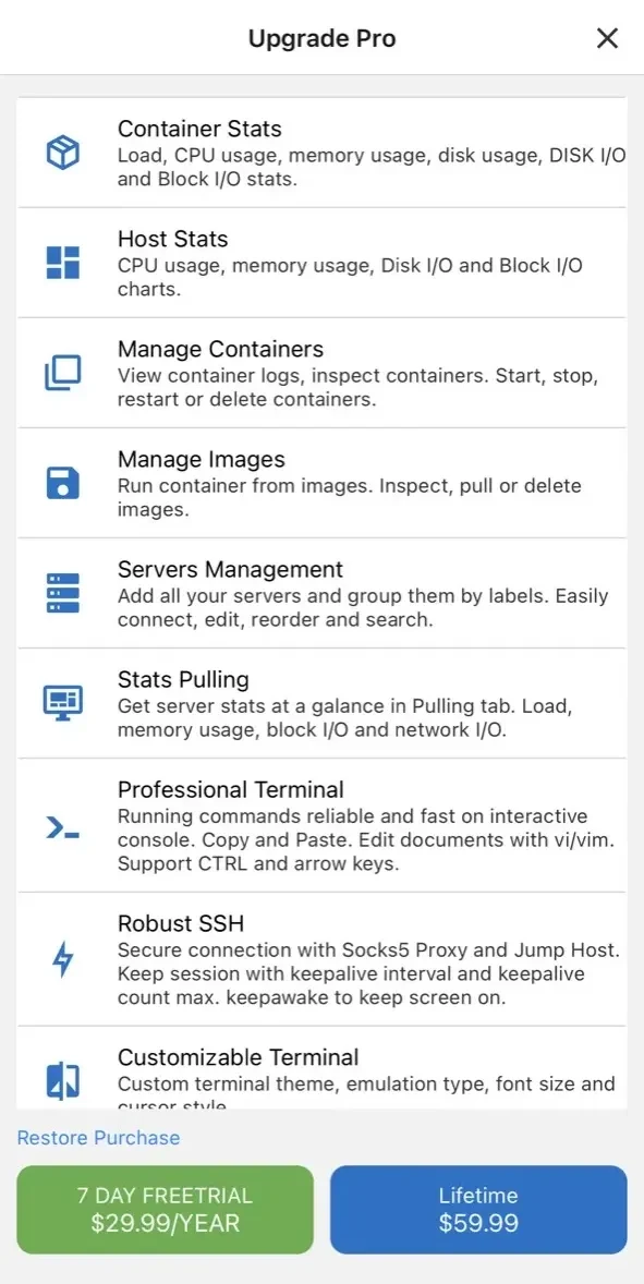 Docker Server Admin paywall screen