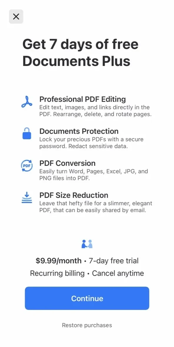 Documents paywall screen