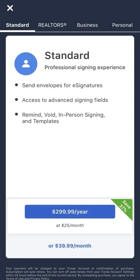 Docusign paywall screen